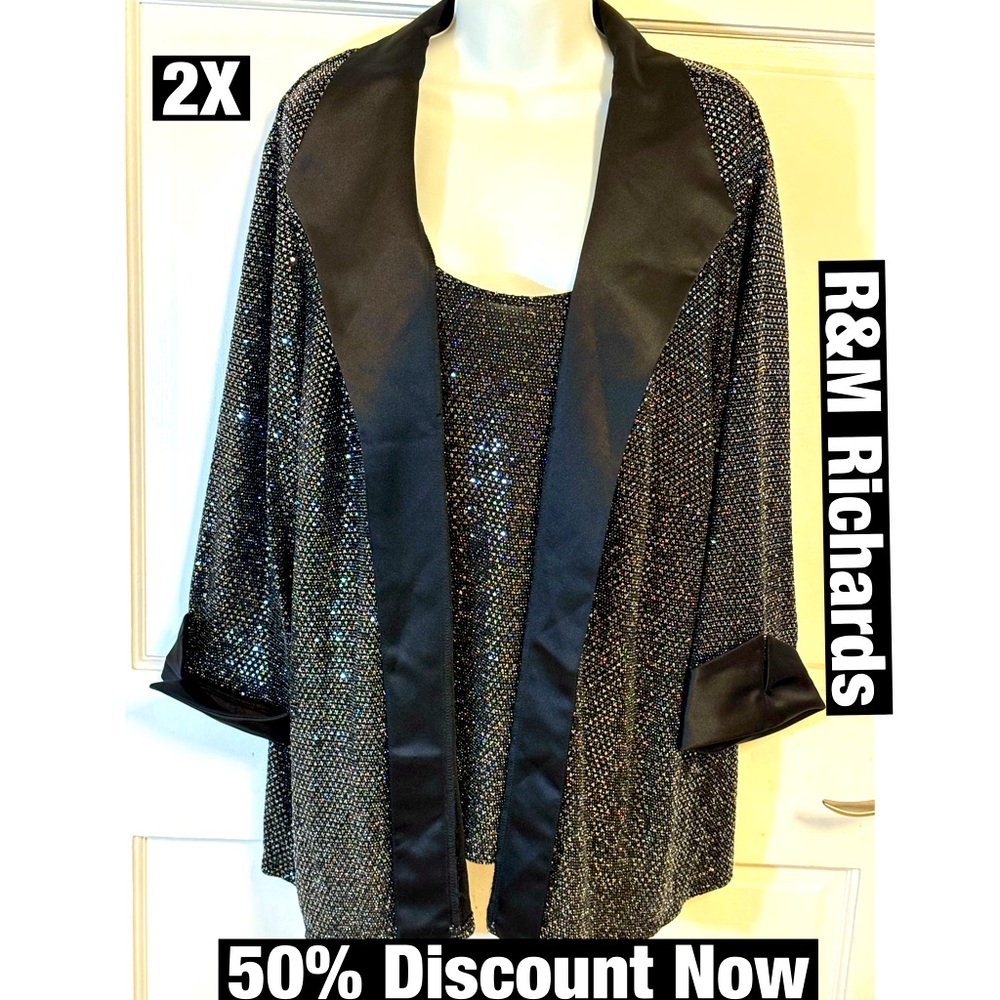 R&M Richards Metallic Satin Jacket W/ Attached Tee Sz 2X Spotless‎